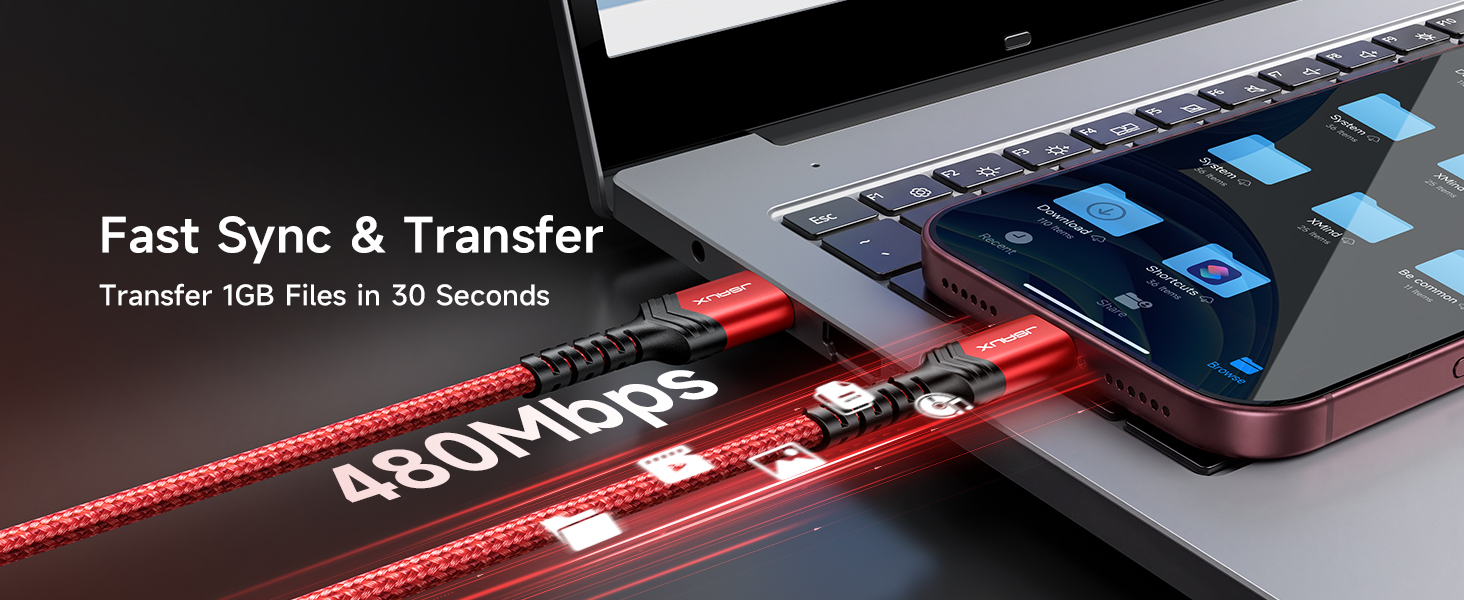 JSAUX USB C Cable: Fast 480Mbps data sync, transferring 1GB files in just 30 seconds.