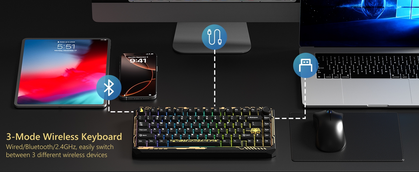 Wireless Gaming Keyboard Black Knob, 75% Aluminum Mechanical Keyboard QMK/VIA