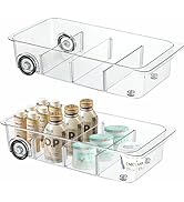 MANO 2 Pack Divided Rolling Refrigerator Tray Clear Roll Out Fridge Caddy Organizer with Wheels f...