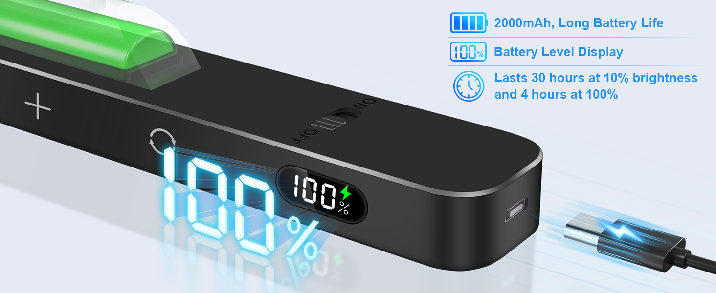 Black power bank device with LED display showing battery percentage. Features include battery level indicator and long battery life capacity.