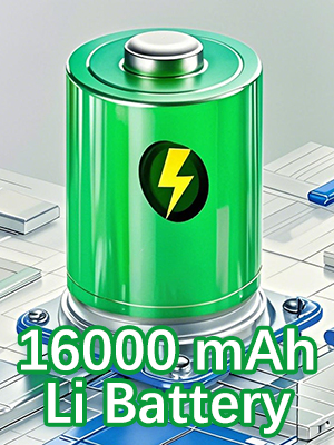 Digital illustration of a green battery icon with lightning bolt symbol, showing 16000 mAh Li Battery capacity.