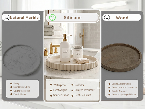 Text reads 'Natural Marble', 'Silicone', 'Wood' with three product panels showing round marble catchall tray, silicone tray, and wooden tray with feature checklists below each.