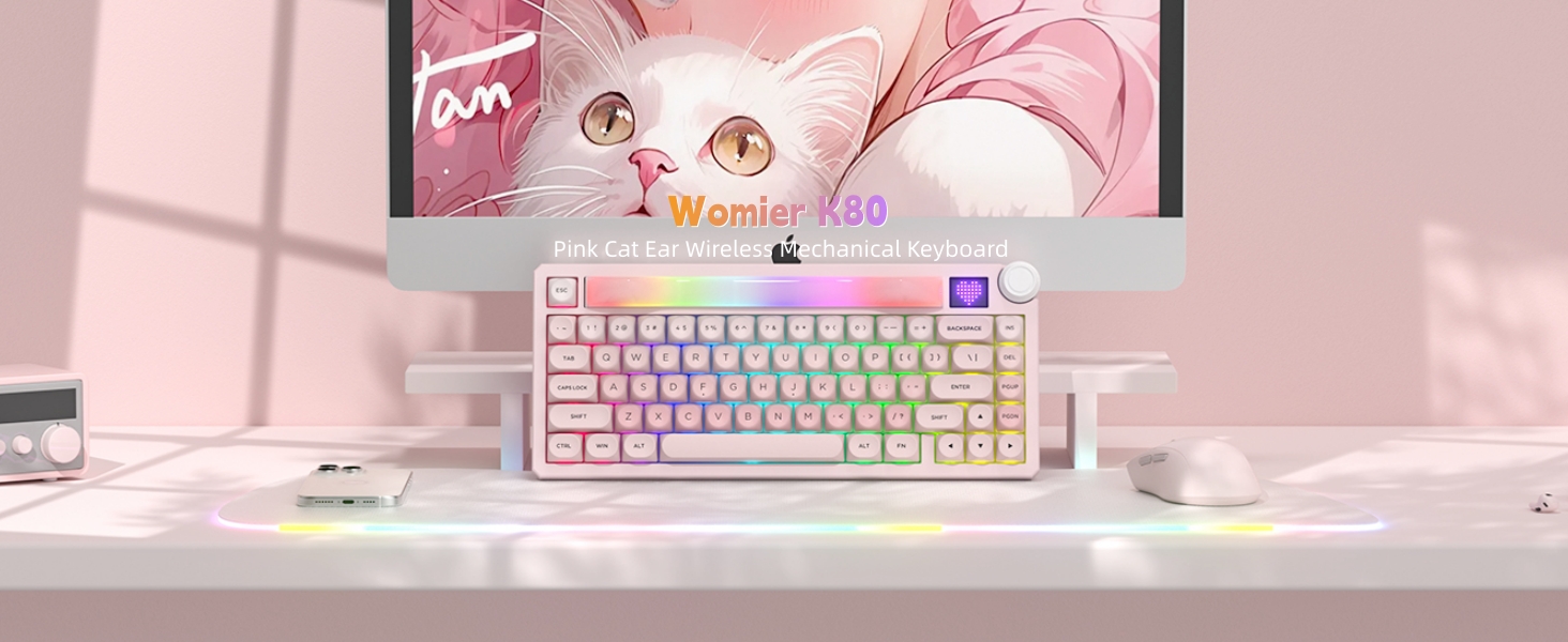 75% Wireless Mechanical Keyboard with Screen and Knob, Pink Cat Creamy Bluetooth Gaming Keyboard