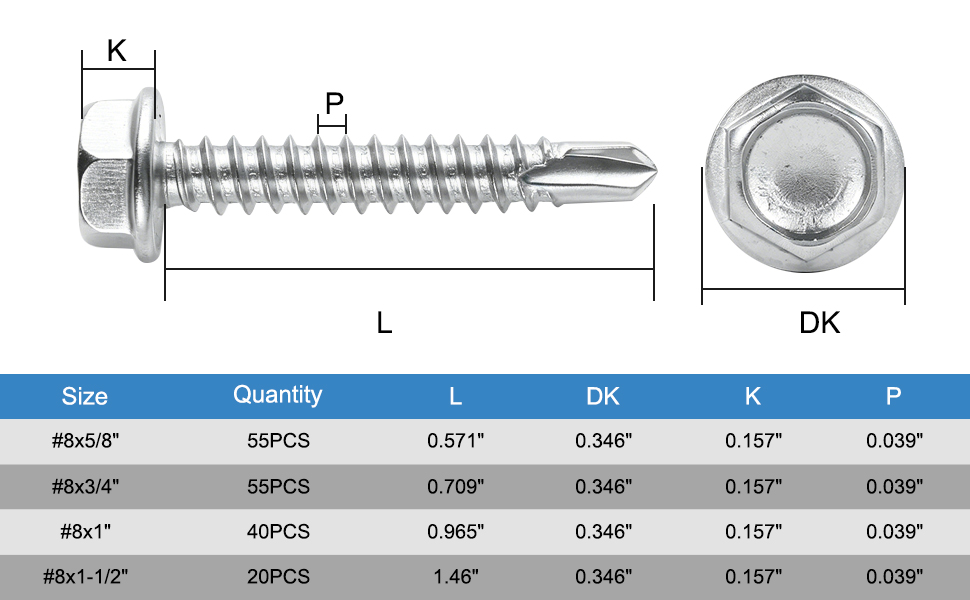 #8 hex head self tapping screws, different sizes meet different fastening requirements