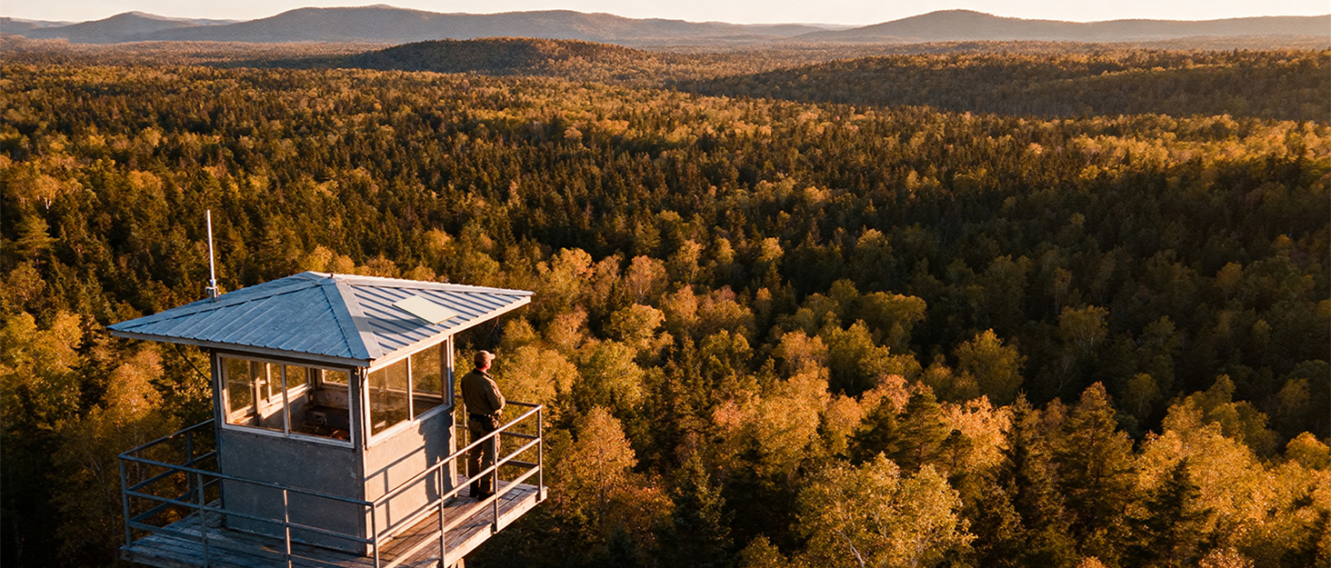 Forest lookout tower with a person overlooking a dense forest and distant mountains.