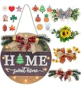 Interchangeable Seasonal Welcome Sign Front Door Decoration with 4 Seasonal Wreaths and LED Light...