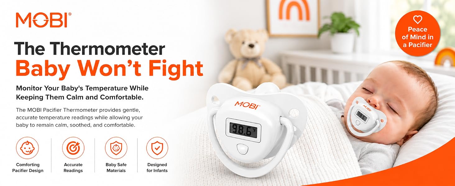 MOBI Pacifier Thermometer with sleeping baby, gentle temperature monitoring and infant-safe comfort.