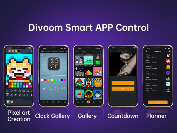 Text reads 'Divoom Smart APP Control'. Mobile app interface screenshots showing pixel art creation tools, gallery, countdown, and planning features with colorful icons.