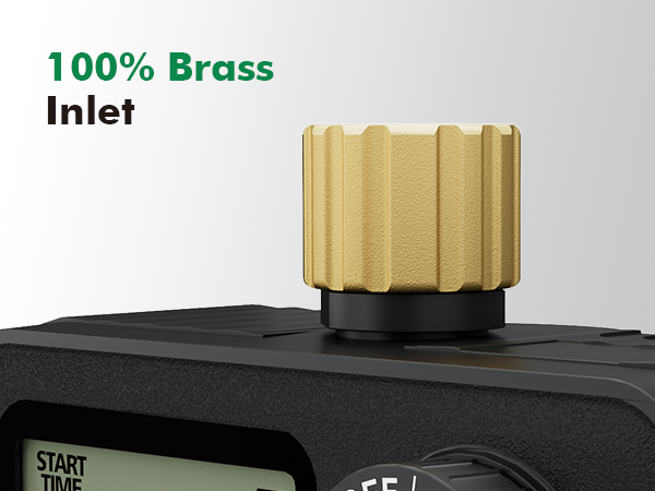 Text reads '100% Brass' and 'Inlet'. Gold-colored decorative ribbed cylindrical fitting attached to black rectangular base component.