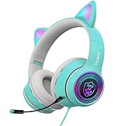 VIGROS Cat Ear Gaming Headphones Wired AUX 3.5mm LED Light, Noise Canceling Game Headphones Stere...