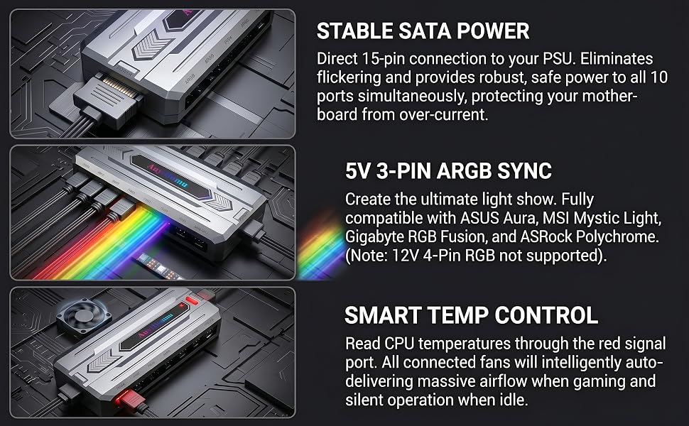 stable sata power argb sync smart temp control fan hub