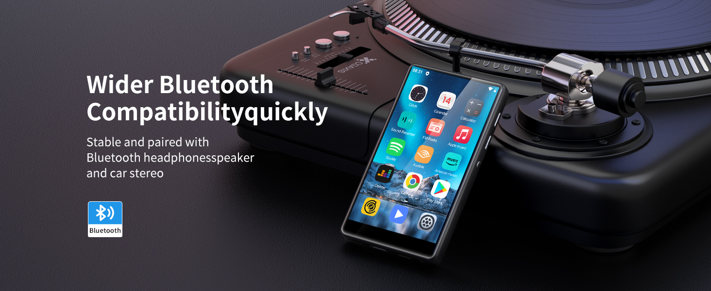 Smartphone with blue screen displaying app icons, next to text about Bluetooth compatibility. Phone shown near audio equipment suggesting wireless connectivity features.