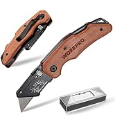 WORKPRO Folding Utility Knife with Stainless Steel Head, Quick-change Blade &amp; Back Lock, Wood Han...