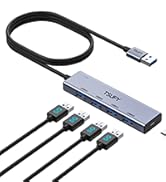 USB hub with multiple ports. Silver rectangular device connected to a USB cable, with four additional ports visible.