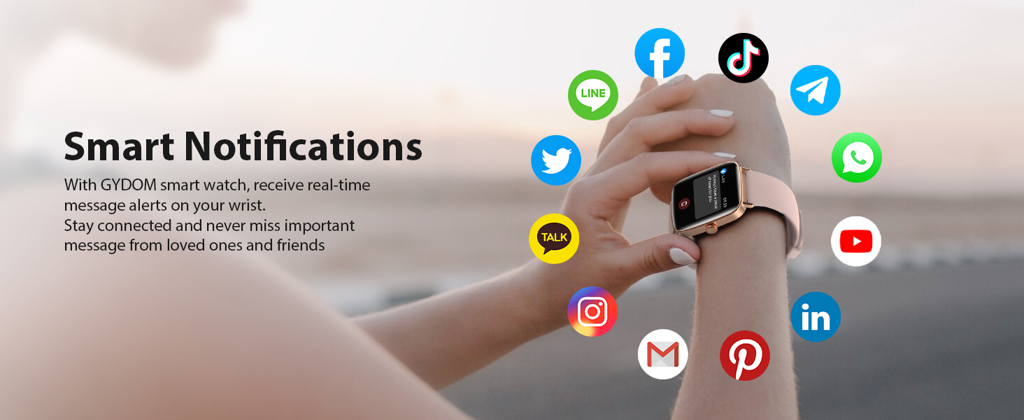 Smartwatch for women displaying incoming calls, texts, emails, and app notifications