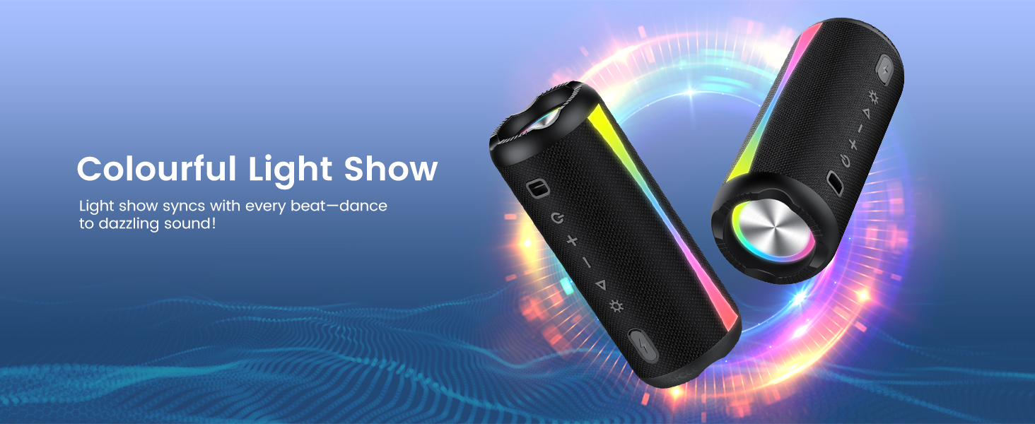 Text reads 'Colourful Light Show'. Series of product images showing device with colorful LED lighting effects against blue gradient background.