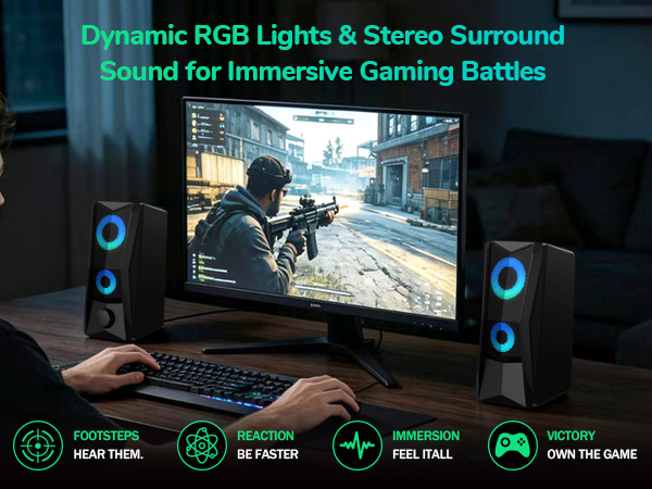 Dynamic RGB Lights &amp; Stereo Surround Sound for Immersive Gaming Battles