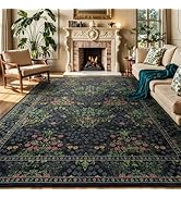 Lessymo Floral Black Green Washable Rugs 8x10, Living Room Area Rug Non Slip Boho Low Plie Large ...
