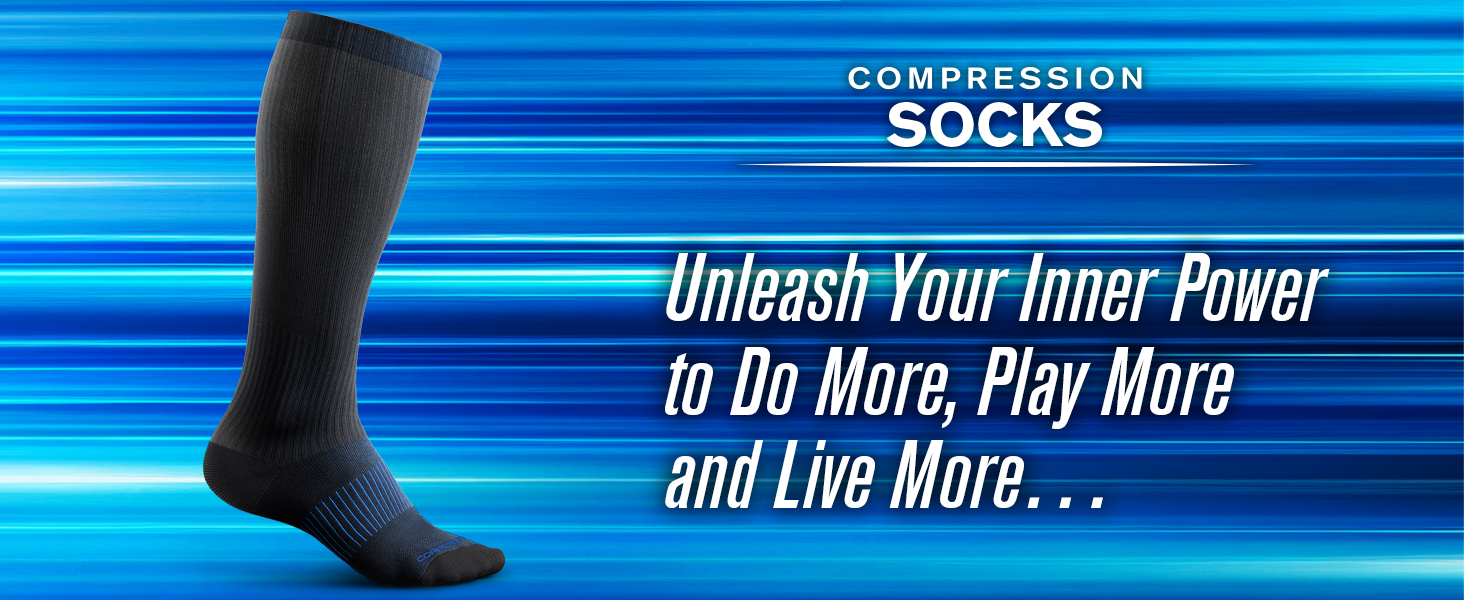 Compression socks with slogan ‘Unleash your inner power’ on blue motion background.