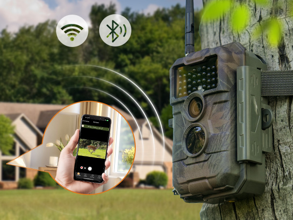 Split image showing smartphone with wireless/Bluetooth icons and trail camera mounted on tree, suggesting wireless connectivity.