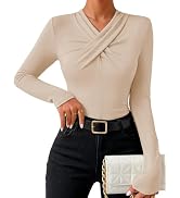 MEROKEETY Women's Fall Long Sleeve Criss Cross Top 2026 Business Casual Ruched Fitted Shirts Tren...