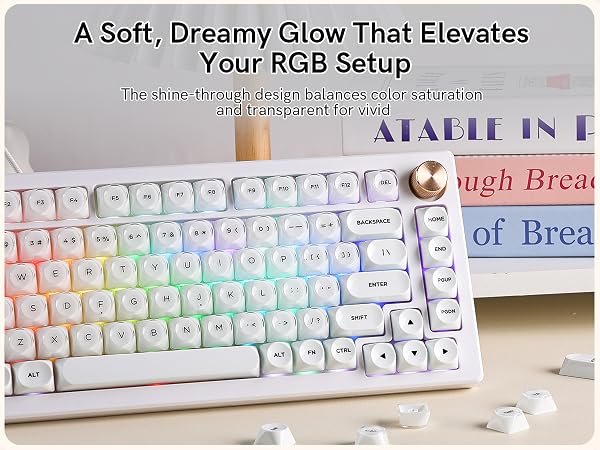 translucent top keycaps, displaying soft, dreamy RGB backlighting