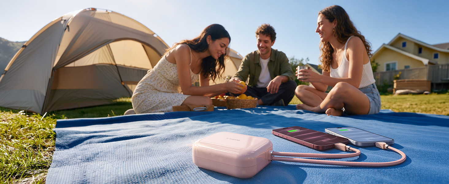Dual USB C fast charger power bank charging two phones together at an outdoor travel picnic