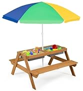 HONEY JOY Kids Picnic Table, 4 in 1 Cedar Wooden Sand &amp; Water Table w/ 2 Removable Box &amp; Umbrella...