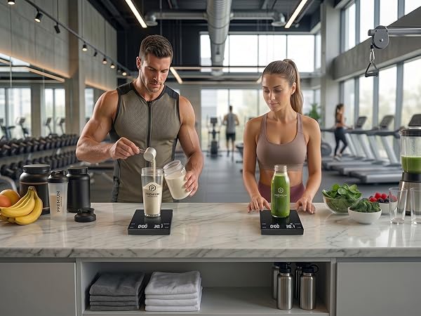 Digital kitchen scale measuring liquid ingredients in milliliters for meal prep.