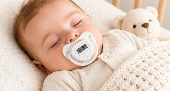 Sleeping baby using MOBI Pacifier Thermometer for comfortable temperature monitoring.