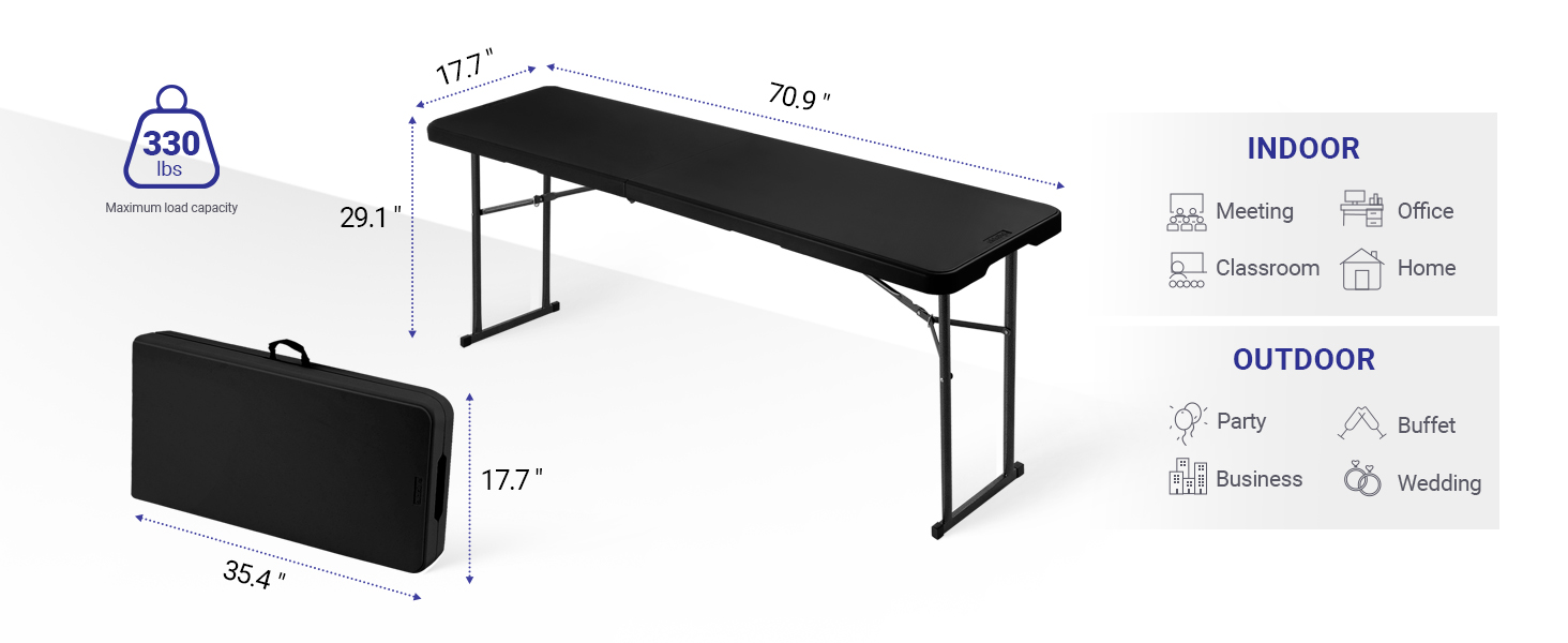 folding foldable narrow 6ft 6 ft black plastic buffet dining party kitchen skinny long table