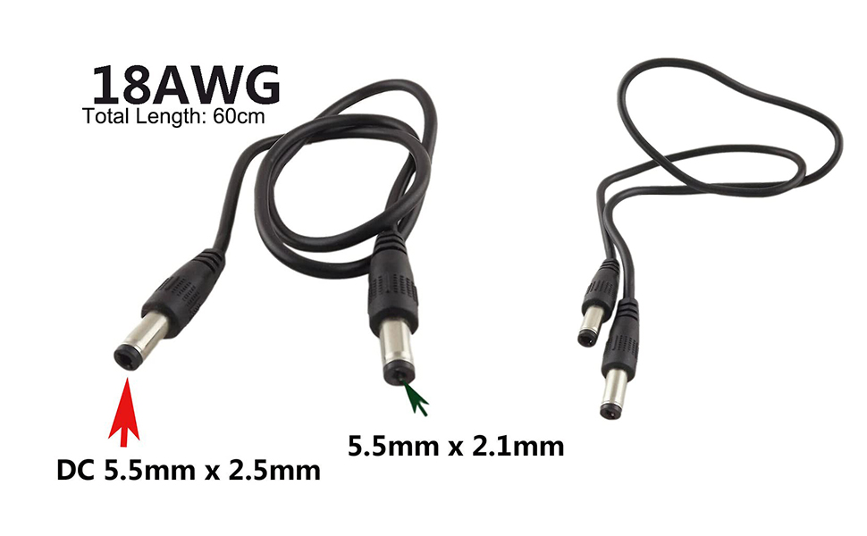 18AWG Copper Cable DC Power 5.5mm x 2.5mm Male to DC 5.5mm x 2.1mm 60cm