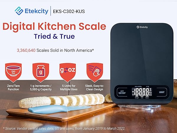 The scale has tare function, 5 units, accurate reading, and easy-to-clean furface