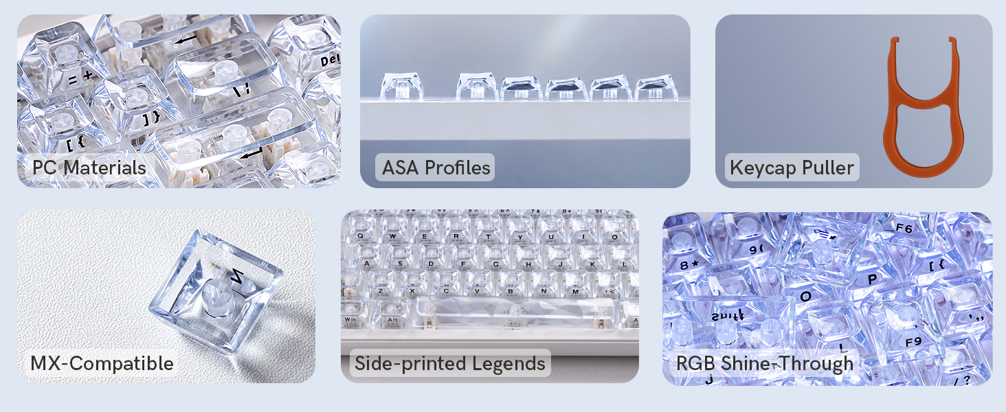 PC material, ASA-profile, MX-switch compatible, side-printed legend, RGB shine-through keycaps