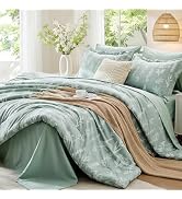 MUXHOMO Queen Comforter Set 7 Pieces, Sage Green Bed in a Bag Queen Reversible Botanical Flowers ...