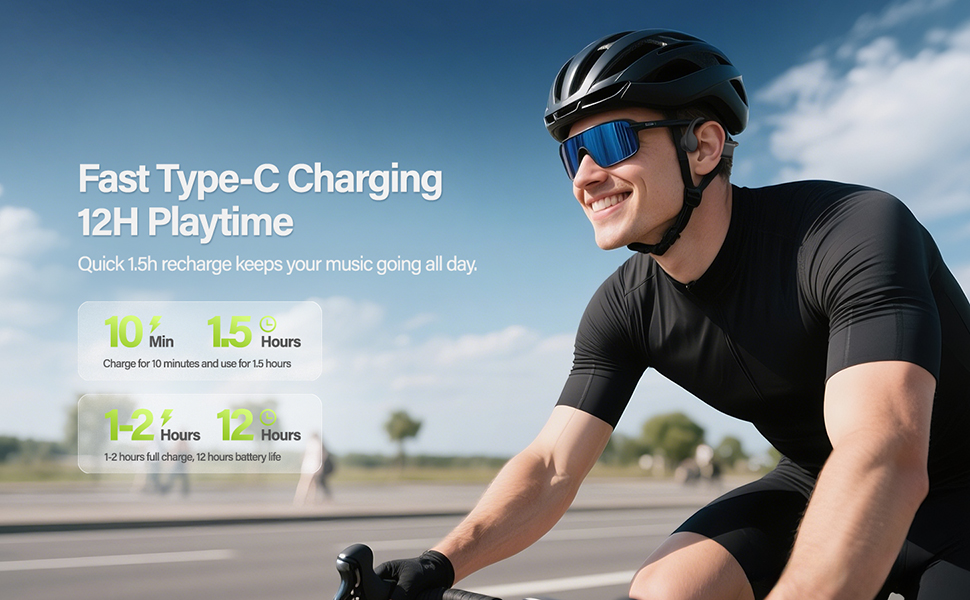 Open ear bone conduction headphones with fast Type-C charging and 12 hour playtime for cycling