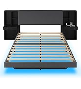 LIKIMIO Queen Bed Frame with Nightstands, Bookcase Headboard, Modern Floating Platform Bed Frame ...