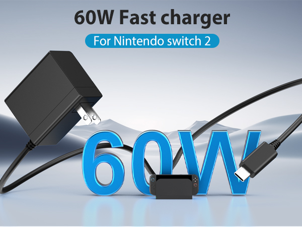 Switch 2 Charger - 60W AC Adapter for Nitendo 2(2025) with 6.6FT Long Cable, Support 4K TV Dock