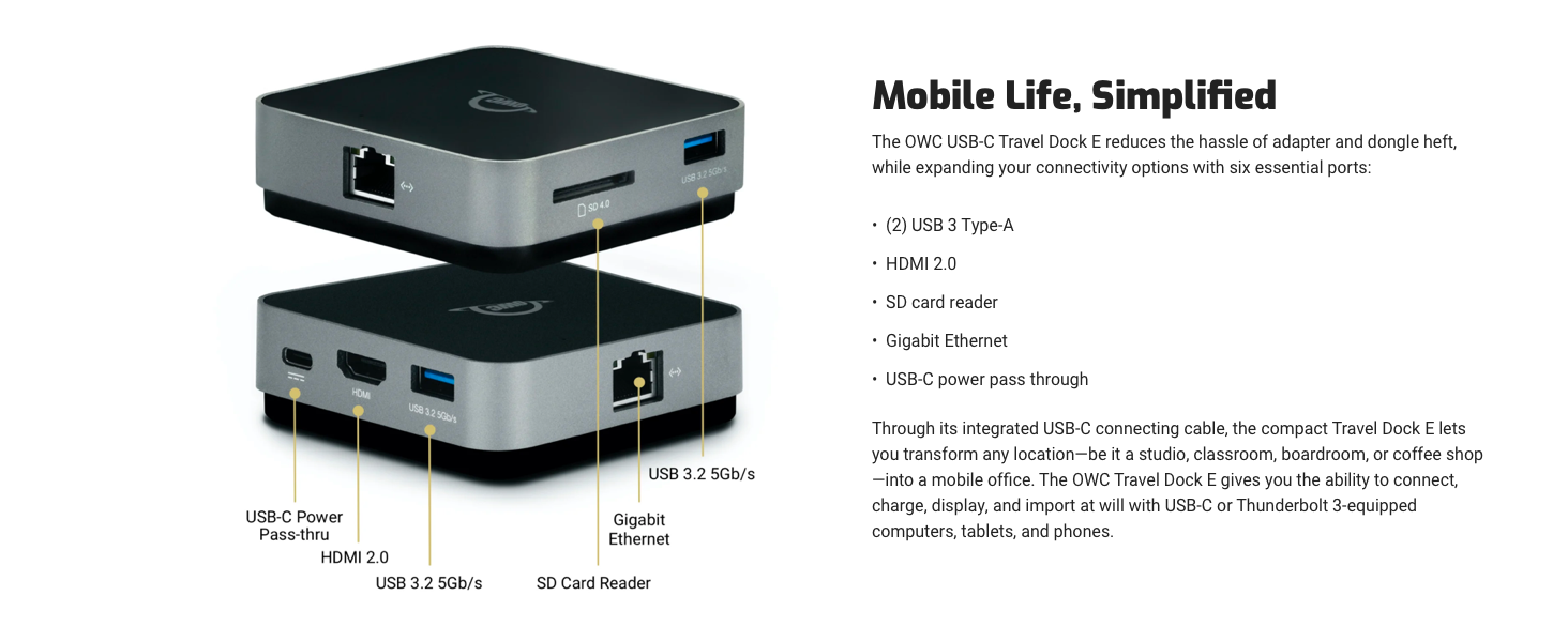 The OWC Travel Dock E: connect, charge, display, and import at will with USB-C or Thunderbolt 3