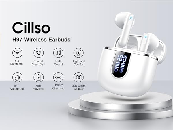 White wireless earbuds with charging case, showing product name 'Ciliso H27'. Multiple icons display features including wireless connectivity and touch controls.