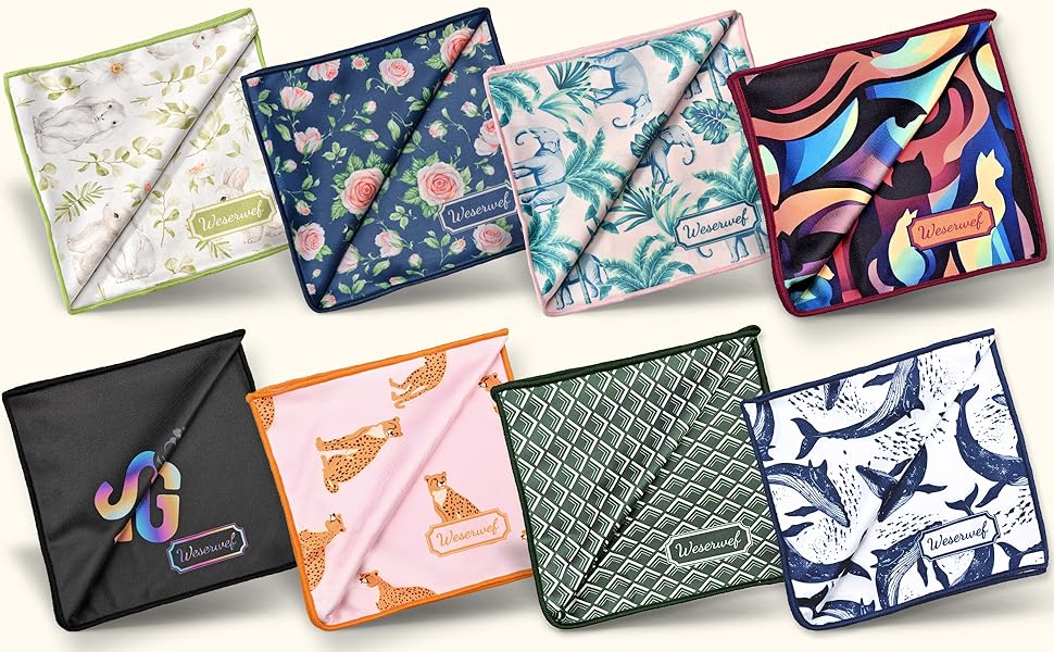 Array of patterned zipper pouches or makeup bags. Designs include floral, geometric, and abstract patterns in various colors on different backgrounds.