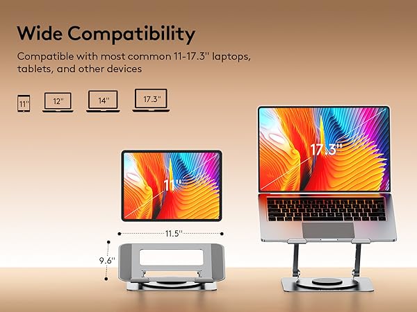 Text reads 'Wide Compatibility'. Product demonstration showing laptop/tablet stand compatibility with different devices, including dimensional measurements.