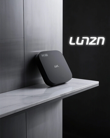 Small black square device with rounded edges on a white shelf. Illuminated 'LUNZN' logo visible in background. Device displays '4K' text.