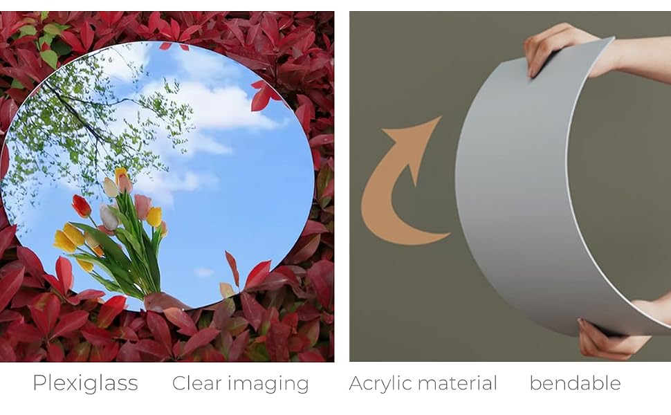 Four circular images showcasing a reflective material. Left image shows sky reflection. Right image demonstrates material's flexibility with a hand bending it.