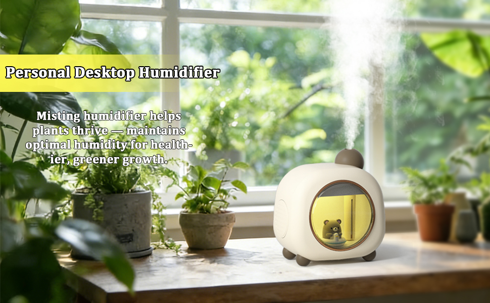 A misting animal-shaped humidifier sits on a windowsill among potted plants.