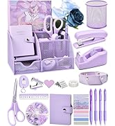 LXEVIHK Purple Desk Accessories, 24Pcs Set Office Supplies and Desk Organizers, with Tape Dispens...