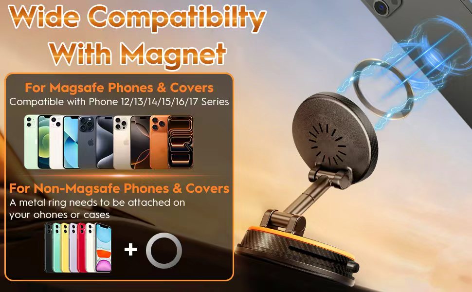 MagSafe Car Charger Mount,Includes metal ring for non-MagSafe Android phones and cases.
