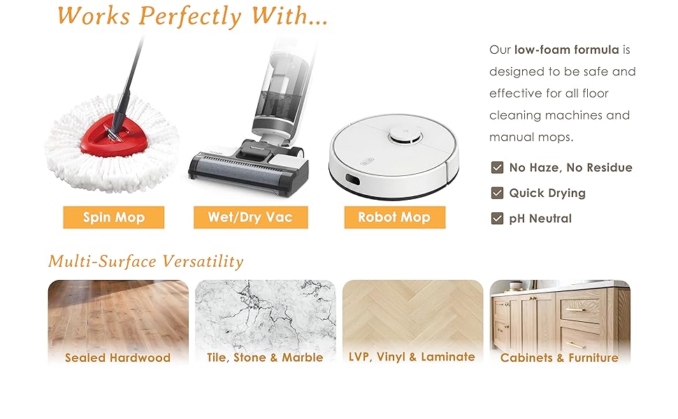 pH neutral multi surface floor cleaner for robot mops, spin mop, hardwood, tile, LVP and laminate