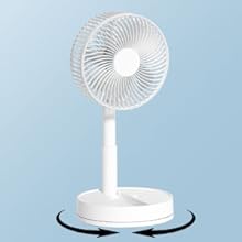 A white portable desk fan with an oscillating base.