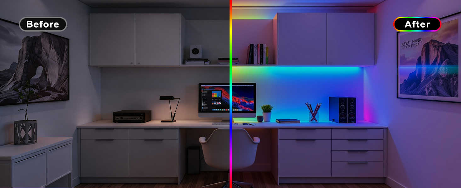 Dark home office setup with 'Before' and 'After' comparison. Left side shows dim lighting, right side displays same space with blue and purple LED accent lighting illuminating desk area and shelving.
